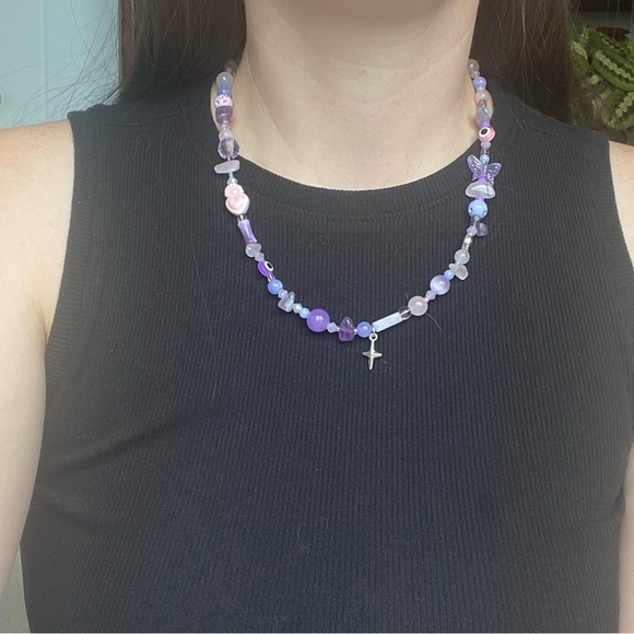 Northern Star Pink & Purple Beaded Necklace Mixed Beads Silver Heart Rose Quartz - Picture 10 of 10